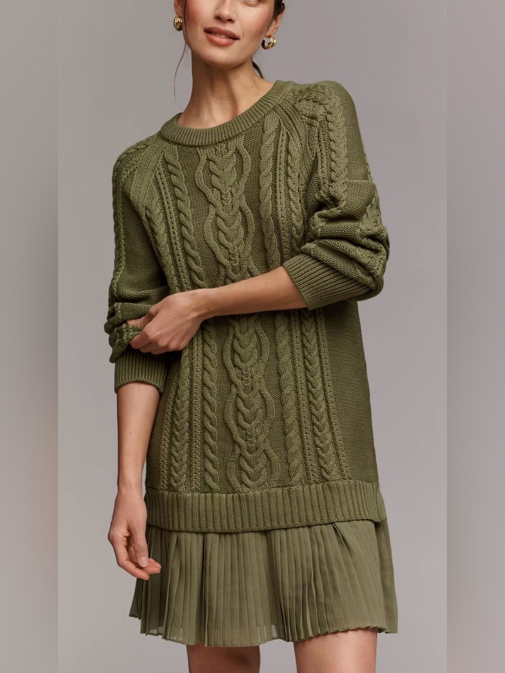 Anthropologie Delphine Olive Green Cable Knit Crewneck Sweater Twofer Dress SM